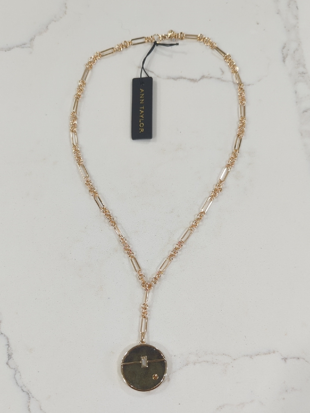 Ann Taylor Gold and Brown Stone Round Pendant with Crystals Necklace